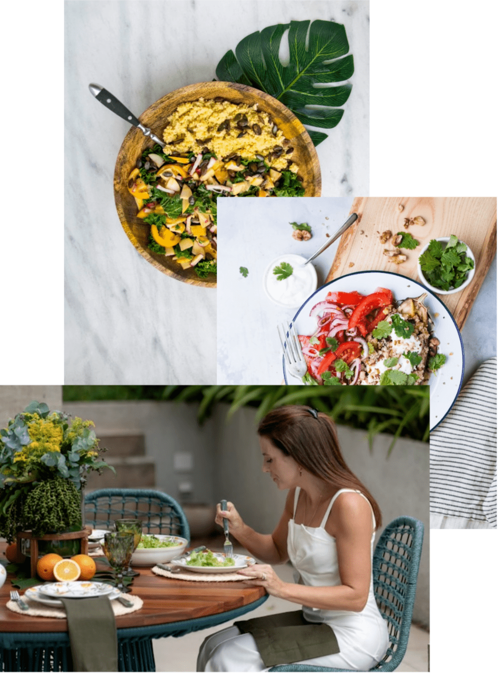 Woman eating food, roasted aubergine dish, and healthy cous cous salad meal